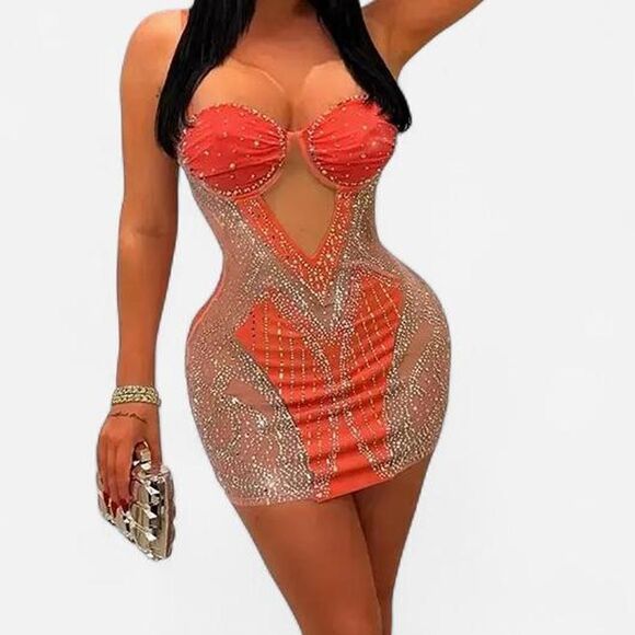 β¨ Orange Rhinestone Mesh Mini Dress - Picture 4 of 5